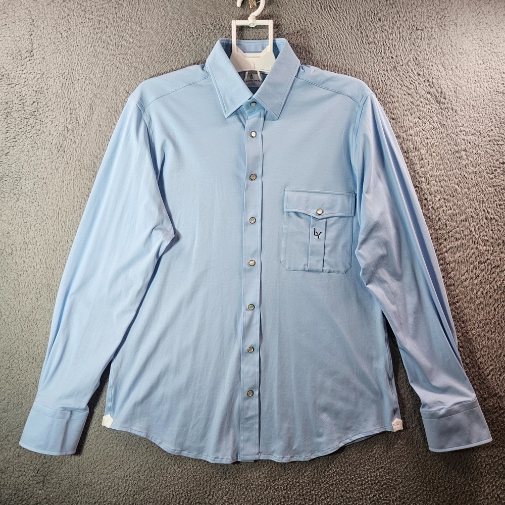 Emanuel Berg Performance Shirt Men Large Stretch Pearl Snap Long Sleeve Blue